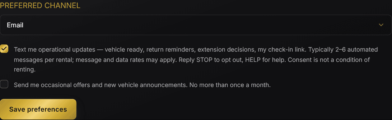 The account profile page, showing the text-message preference and its wording