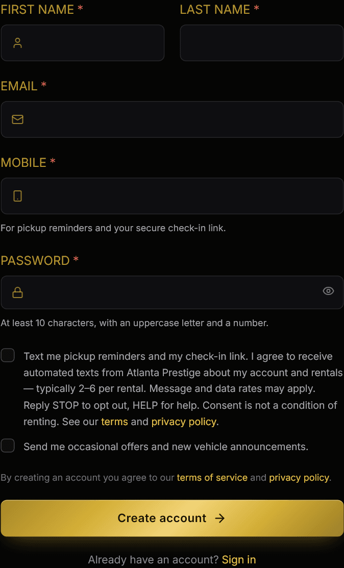 The registration form, with the text-message consent checkbox unticked and its wording beside it